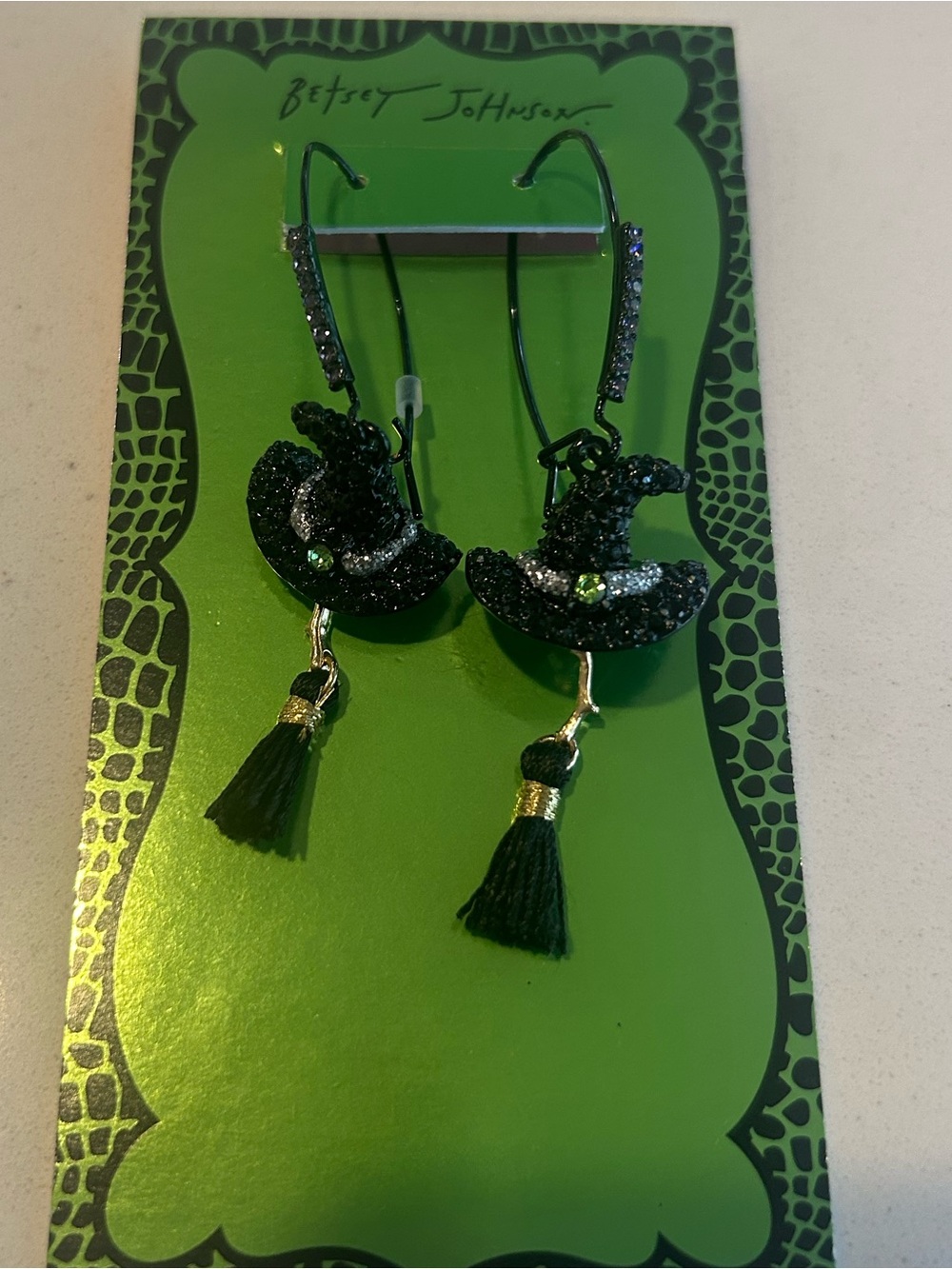Betsey Johnson Black Glitter Witch Hat Tassel Drop Earrings